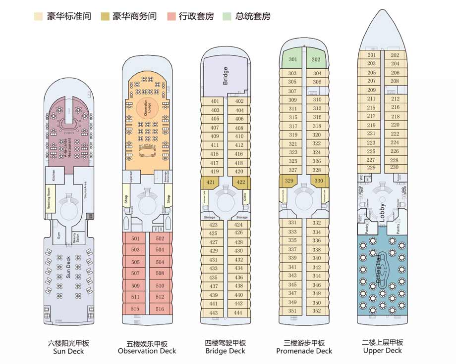 世纪宝石号重庆三峡游轮平面布局