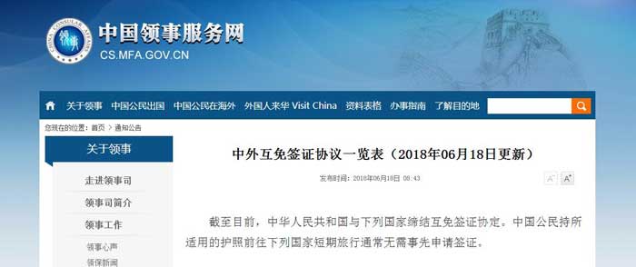 免签证国家地区信息来源:中国领事服务网