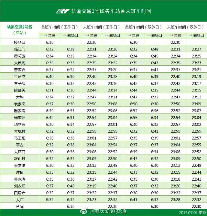 重庆轻轨（地铁）2号线首末班时间及站点详情