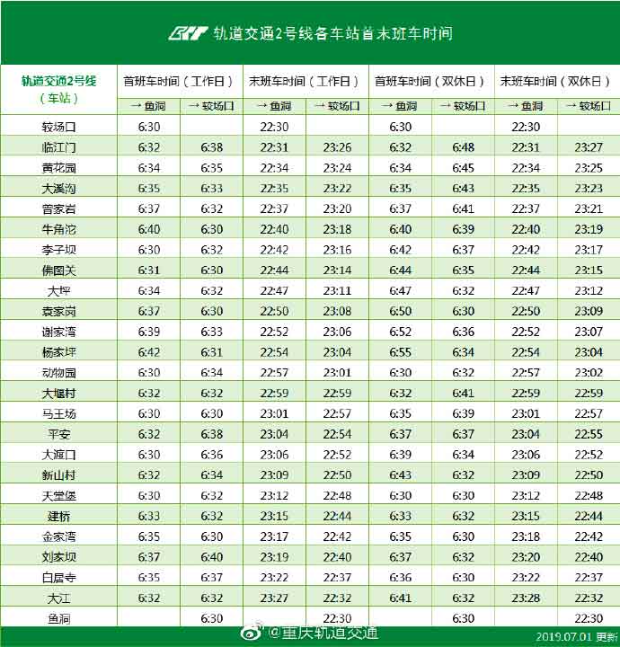 重庆轻轨（地铁）2号线首末班时间及站点详情