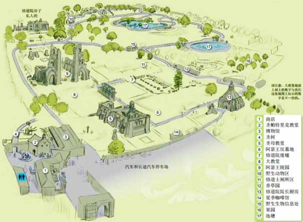 格拉斯顿伯里修道院（Glastonbury Abbey）旅游导览地图
