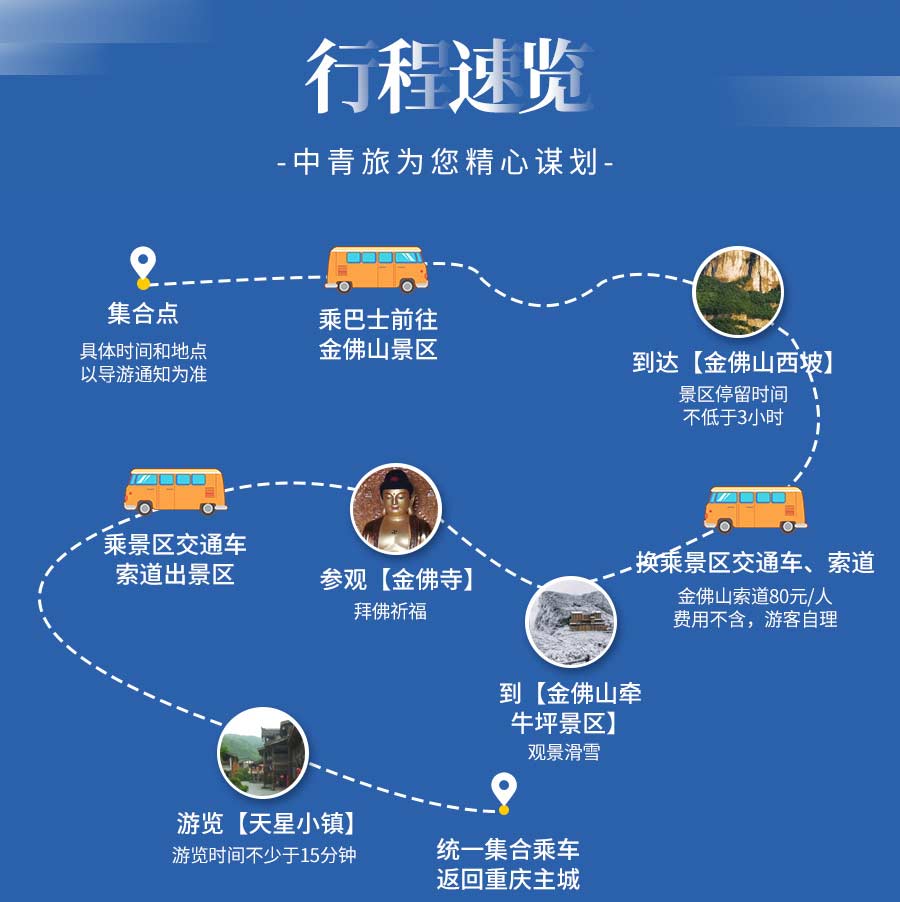 重庆金佛山冰雪节滑雪一日游线路特色：行程简图