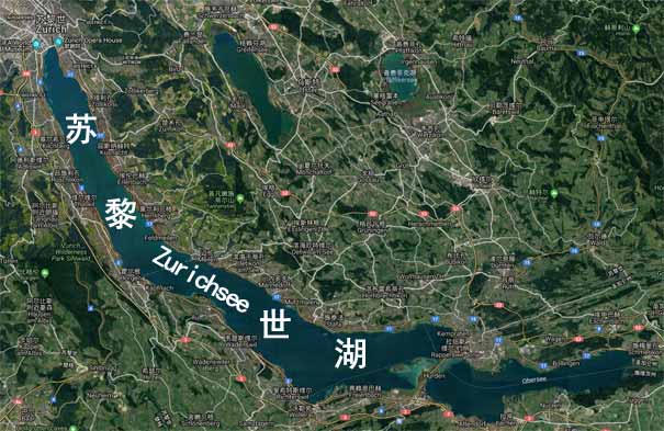 瑞士旅游：苏黎世湖卫星地图