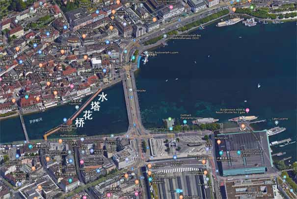 瑞士旅游：卡柏尔木桥（水塔花桥）卫星地图