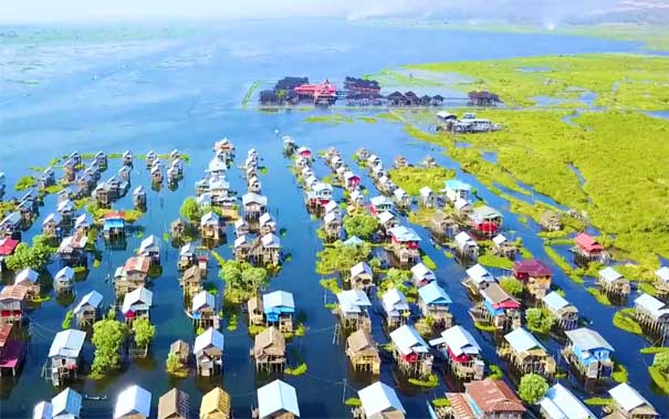 缅甸旅游：茵莱湖水上村庄航拍