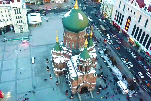 哈尔滨圣索菲亚大教堂冬天航拍
