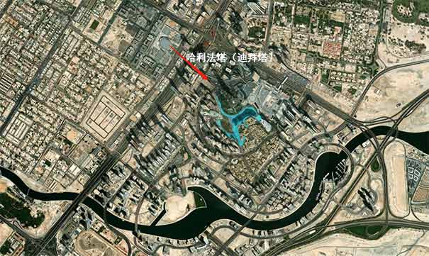 迪拜旅游：哈利法塔(迪拜塔)卫星地图