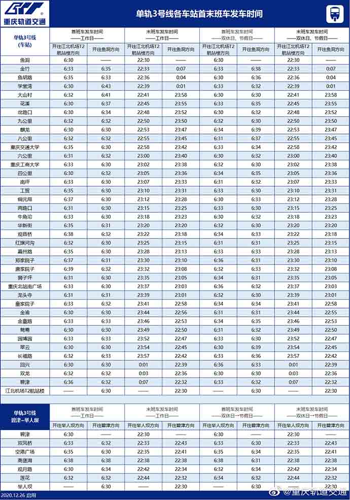 重庆轻轨（地铁）3号线各站点首末班时间