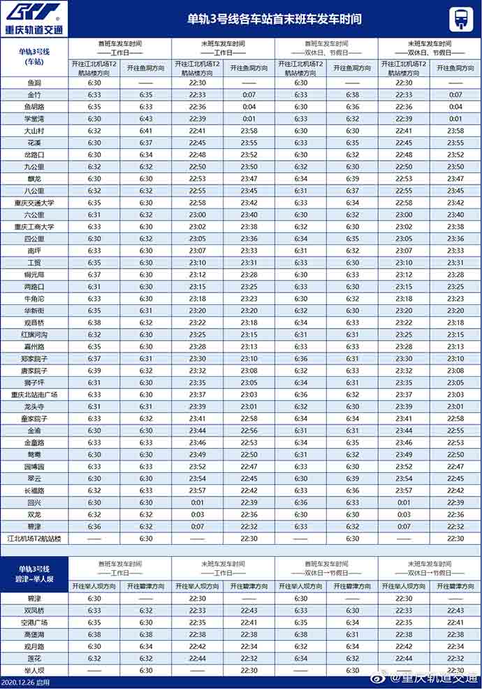 重庆轻轨（地铁）3号线各站点首末班时间