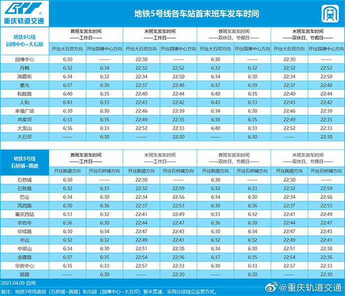 重庆轻轨（地铁）5号线各站点首末班时间