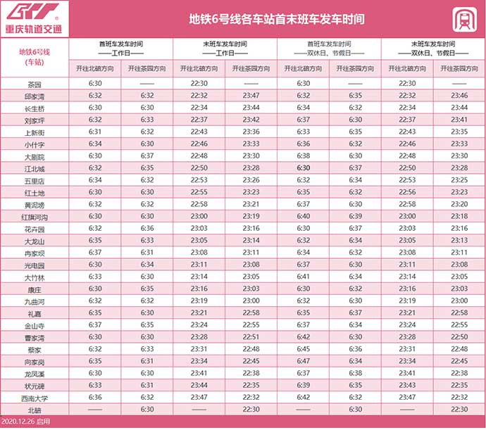 重庆轻轨（地铁）6号线各站点首末班时间