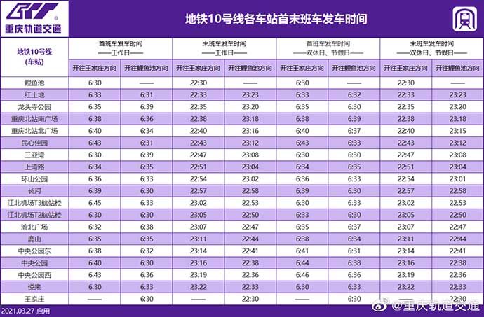 重庆轻轨（地铁）10号线各站点首末班时间