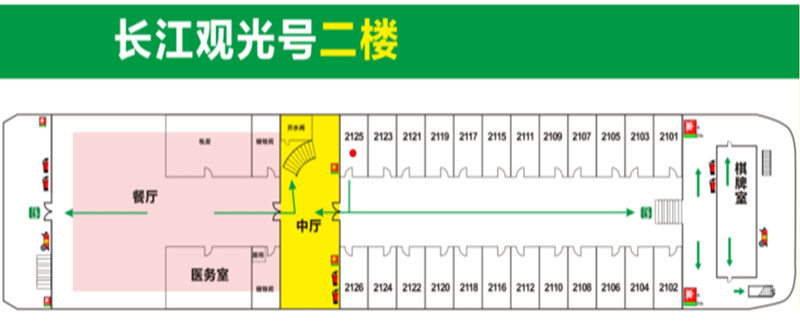 长江观光系列三峡游船：二楼甲板功能平面图