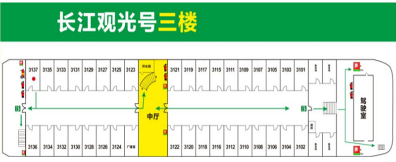 长江观光系列三峡游船：三楼甲板功能平面图