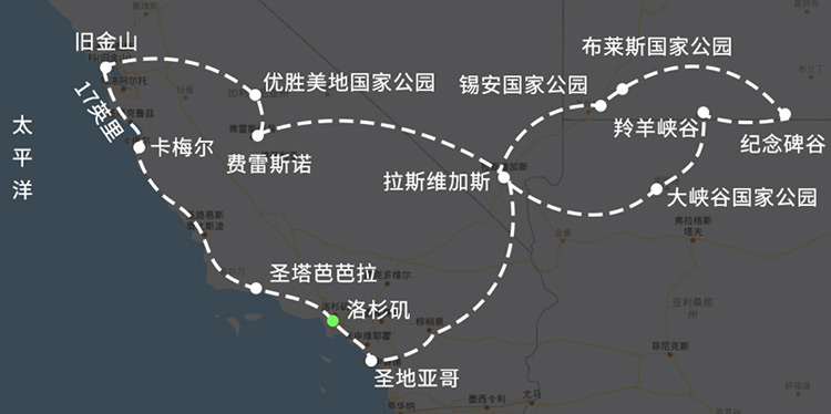 [深度西部]重庆到美国旅游线路简图