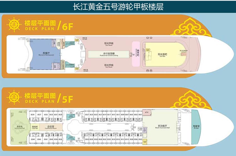 长江黄金五号三峡游轮：甲板楼层平面图