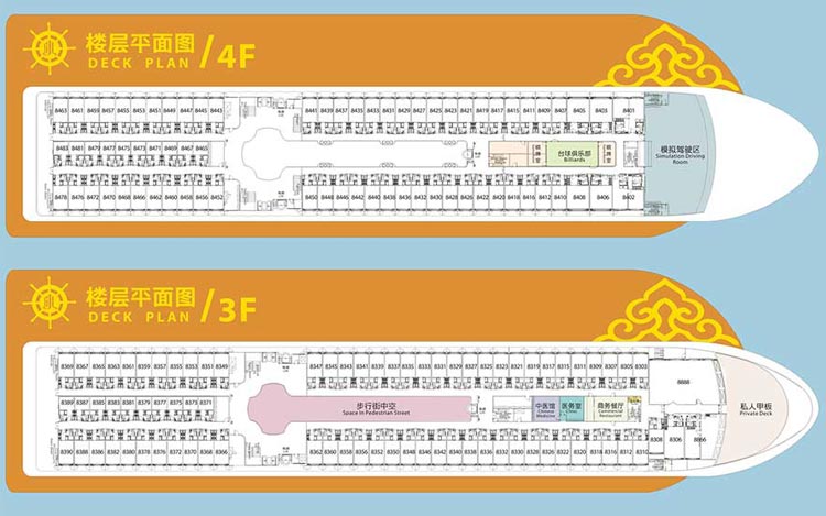 长江黄金五号三峡游轮：甲板楼层平面图