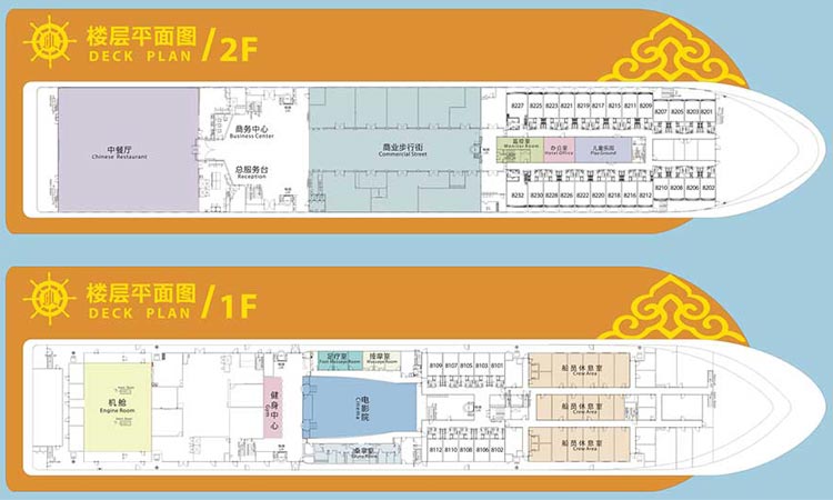 长江黄金五号三峡游轮：甲板楼层平面图